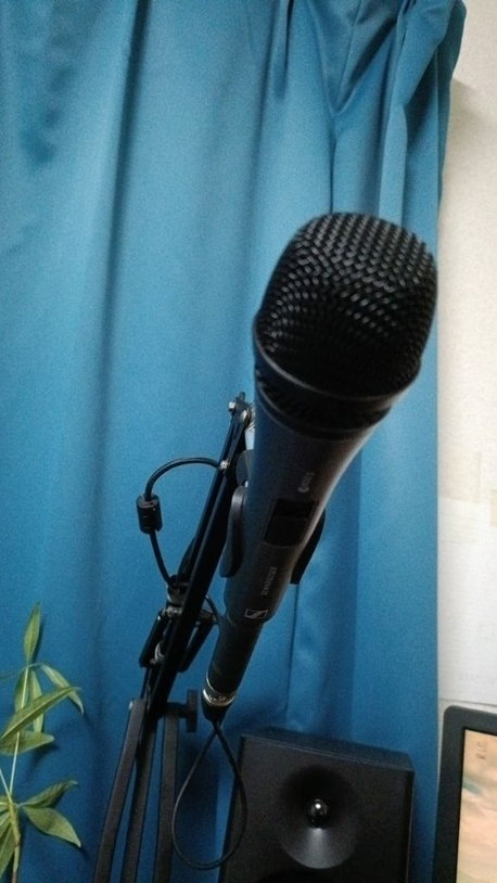 Sennheiser e835Sの実機写真（マイクアームに装着したブラックモデル）